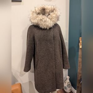 Eliza J Wool Blend Winter Coat 3/4 Length Faux Fur Trim Hooded Brown & Tan Sz XL